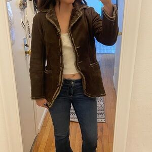 Mango Real Brown Suede Leather Jacket With Fur Size XXS